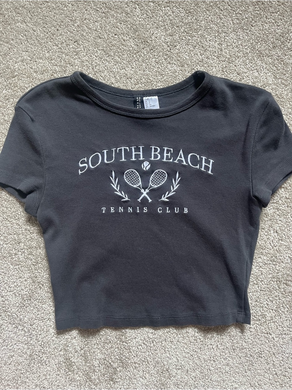 H&M Black Short Sleeve Cropped Tee with White 'South Beach Tennis Club' Graphic